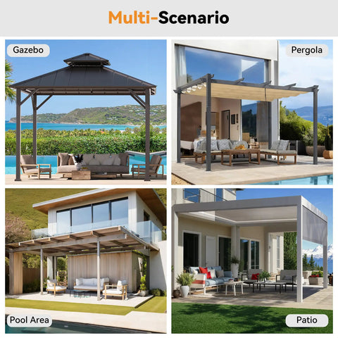 Collage of four outdoor settings including gazebo, pergola, pool area, and patio, showcasing versatile use of structures.