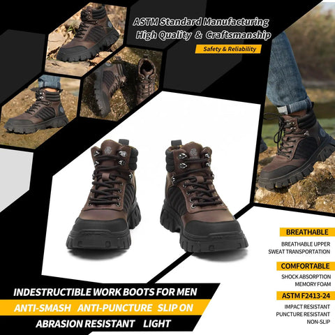 Waterproof Steel Toe Boots For Men 6 Inch Built Tough Comfort Safety Work Boots With Non Slip Puncture Resistant Indestructible Outsole Lightweight Brown Construction Boot Size 11 on display.