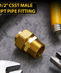 1/2 inch CSST male NPT pipe fitting with hex nipple for grill propane conversion, part of 16 Pack 1/2 Inch NPT Brass Pipe Fittings Kit.