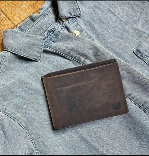 Real Leather Men's Bifold Wallet RFID Blocking Slim Minimalist Front Pocket Carry With ID Window Gift Box Included Crazy Horse Leather In Coffee