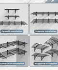 Heavy Duty 4 Pack Garage Wall Shelving Set With 1400Lb Capacity, 2x3 Ft Shelves shown in pyramid, separate, corner, and staggered installations.