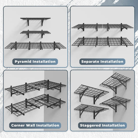 Heavy Duty 4 Pack Garage Wall Shelving Set With 1400Lb Capacity, 2x3 Ft Shelves shown in pyramid, separate, corner, and staggered installations.