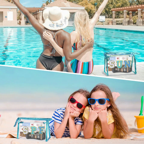 Clear Sunscreen Bag For Women Beach Vacation Essentials Waterproof Makeup Pouch by pool and beach, showcasing versatility.