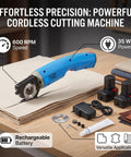 Heavy Duty Electric Scissors And Fabric Cutter Shears For Leather And Cloth With 4500 RPM Power on a table with fabric and tools.