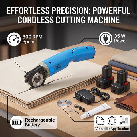 Heavy Duty Electric Scissors And Fabric Cutter Shears For Leather And Cloth With 4500 RPM Power on a table with fabric and tools.