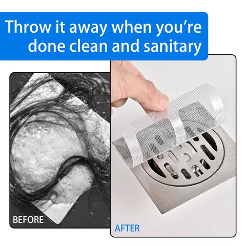 Before and after comparison of Fifty Pack Disposable Drain Sticker Hair Catcher that hits different, showing hair removal success.