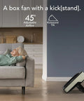 High Velocity Box Fan With Kick Stand, Digital Display, Removable Grille in living room with person on couch