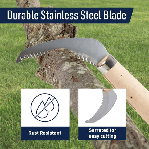 Compact 8-Inch Hand Saw For Root Cutting With Sharp 2.75-Inch Serrated Stainless Blade and 30-Degree Cut Angle in use on branch.