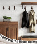 Kickass Cast Iron Dog Tail Hooks, Straight Up 4 Pack Wall Mount Leash Holders With Screws and Anchors, Rustic vintage hooks with coats on wall.