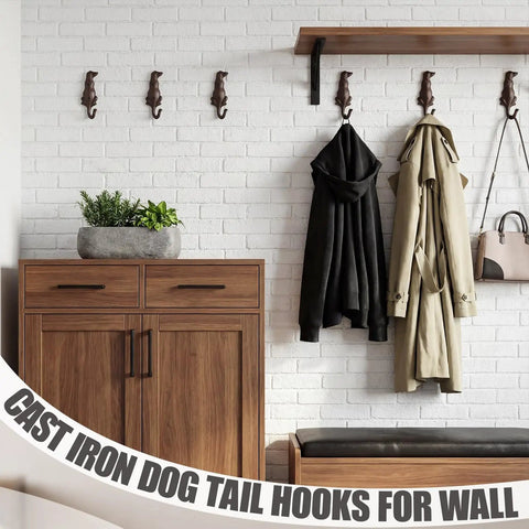 Kickass Cast Iron Dog Tail Hooks, Straight Up 4 Pack Wall Mount Leash Holders With Screws and Anchors, Rustic vintage hooks with coats on wall.