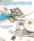 Big 1.5 By 1.25 Inch Stamp Punch For Scrapbooking And Card Making shown cutting floral paper into postage stamp shapes.