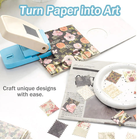 Big 1.5 By 1.25 Inch Stamp Punch For Scrapbooking And Card Making shown cutting floral paper into postage stamp shapes.