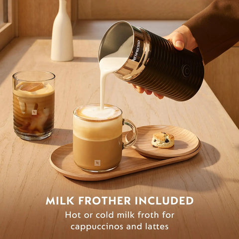 Pouring milk froth into coffee with Vertuo Pop Plus Coffee And Espresso Maker With Milk Frother In Coconut White By Breville