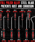 10 Piece Automotive And Electronics Pick And Hook Set with red and black handles shown with various pick types and sizes.