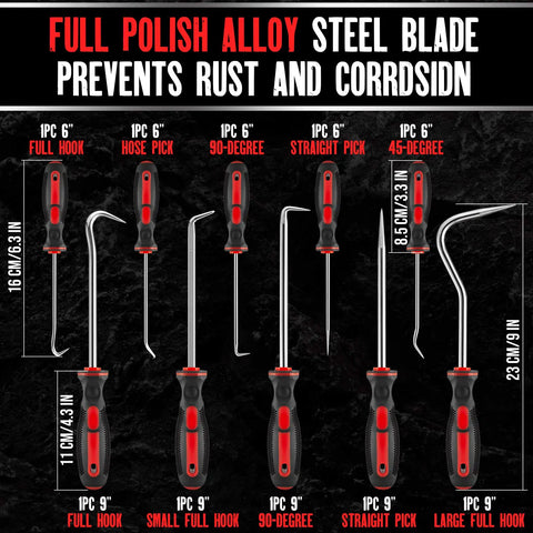 10 Piece Automotive And Electronics Pick And Hook Set with red and black handles shown with various pick types and sizes.