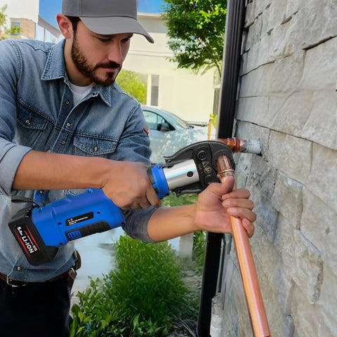 No Fuss Heavy Duty 18V Cordless Hydraulic Copper Pipe Crimping Tool With Slick Brushless Motor crimping copper pipe outdoors.