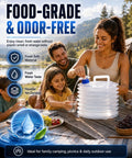 Ultra Compact Collapsible Water Container With Spigot For Camping And Travel 5L used by family at outdoor picnic table.