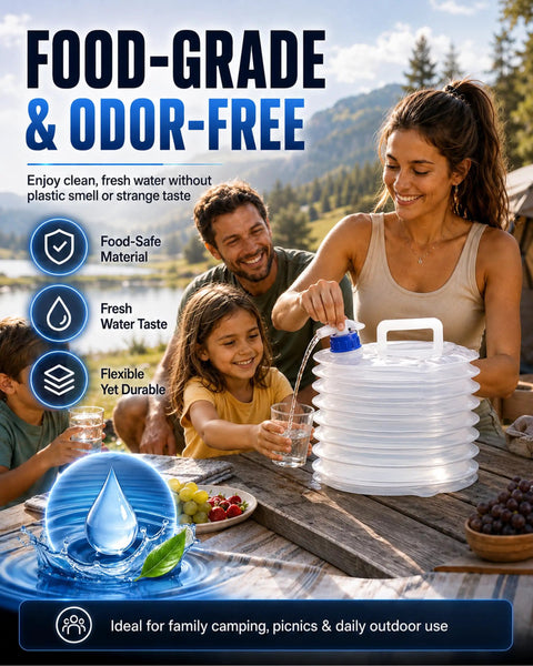 Ultra Compact Collapsible Water Container With Spigot For Camping And Travel 5L used by family at outdoor picnic table.