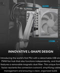EDGE1000W Fully Modular Low Noise ATX Power Supply With USB Fan Hub, L-shape design installed in PC case, white finish.