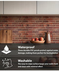 3D Faux Brick Wall Panels Set Of 10 In Red PVC for Realistic Stone Texture, waterproof kitchen backsplash with cutting board and fruit.