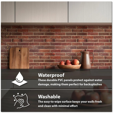 3D Faux Brick Wall Panels Set Of 10 In Red PVC for Realistic Stone Texture, waterproof kitchen backsplash with cutting board and fruit.
