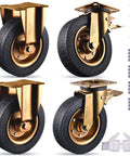 Eight Inch Badass Heavy Duty Casters Set Of Four With Solid Rubber Wheels And Precision Bearings Hella Smooth Industrial Rollers, showing four gold casters with rubber wheels