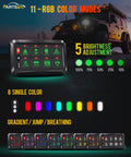 Five Point Five Inch RGB Eight Gang Switch Panel with pro-grade silicone buttons shown with RGB color modes and brightness levels.