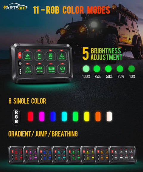 Five Point Five Inch RGB Eight Gang Switch Panel with pro-grade silicone buttons shown with RGB color modes and brightness levels.