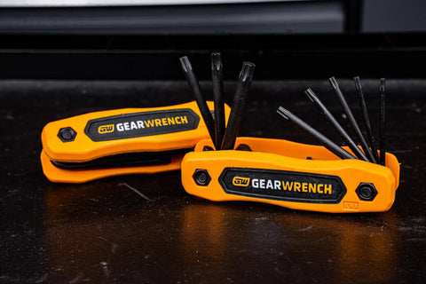 25 Piece SAE Metric Torx Folding Hex Key Set With 270 Degree Rotation, features dual material grip, on black surface