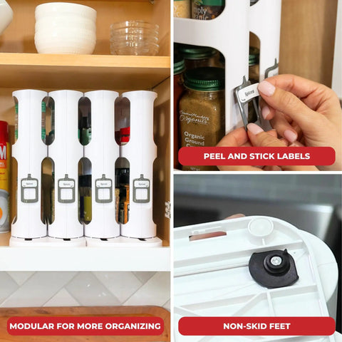 Super Darn Handy Pull And Spin Cabinet Caddy Spice Rack Organizer For Kitchen Pantry Organization features modular design and peel labels.