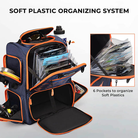 All In One Tackle Backpack With Rod Holders And Four Tackle Boxes Plus Rain Cover showing soft plastic pockets system