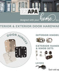 Promotional image featuring interior and exterior door hardware including Oil Rubbed Bronze Door Hinges 36 Pack 3.5 x 3.5 Inch Interior Hinges With Five Eighths Inch Radius Corners Heavy Duty Replacement Hinges For Doors And Cabinets Removable Hinge Pins Antique Bronze Finish, interior knobs, exterior handle sets, and levers from Ilyapa.