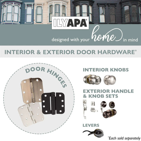 Promotional image featuring interior and exterior door hardware including Oil Rubbed Bronze Door Hinges 36 Pack 3.5 x 3.5 Inch Interior Hinges With Five Eighths Inch Radius Corners Heavy Duty Replacement Hinges For Doors And Cabinets Removable Hinge Pins Antique Bronze Finish, interior knobs, exterior handle sets, and levers from Ilyapa.