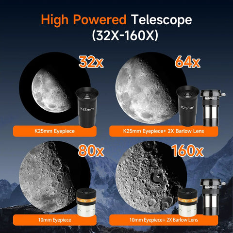 Moon phases with SV520 90mm Refractor Telescope Kit For Beginners With 800mm Focal Length AZ Mount Eyepieces and Barlow Lens