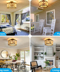 Boho Wood Bead Ceiling Light Fixture With E26 Base Semi Flush Mount shown in bedroom, porch, dining, and living room settings.