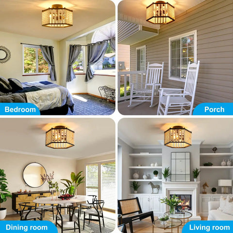 Boho Wood Bead Ceiling Light Fixture With E26 Base Semi Flush Mount shown in bedroom, porch, dining, and living room settings.
