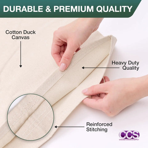 Drop Cloth For Painting Heavy Duty Cotton Duck Canvas Tarp For Floors And Furniture All Purpose Dust Sheet And Backdrop Shield Washable And Reusable For DIY Projects Curtains Tables And Paint Jobs 5x20 Feet with reinforced stitching detail and hands displaying the quality and texture of the cotton duck canvas material.