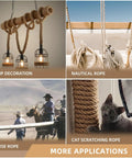 Heavy Duty Jute Rope 3/4 Inch By 50 Feet Natural Hemp Twisted Cord For Crafts Gardening Bundling Hammocks Nautical Decor Tug Of War Railings Home DIY Projects UV Resistant And Beefy Rugged with various applications like lamp decoration, nautical use, horse riding, and cat scratching.