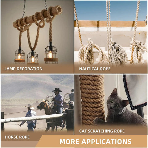 Collage showing uses of Go-To Heavy Duty Natural Jute Rope 1 1/2 Inch By 100 Feet: lamp decor, nautical, horse rope, cat scratch post.
