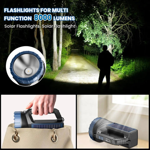 Go To Solar Powered Flashlight With 8000 Lumens Emergency Portable Camping Light illuminating path in woods