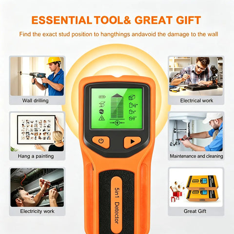 Zero Guesswork Dead Accurate Five In One Stud Finder Wall Scanner With Advanced Smart Chip And HD LCD Display For Foolproof Wood Metal Pipe Live Wire Scanning Behind Drywall Ceilings And Floors