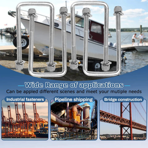 Four Sets Of 304 Stainless Steel Square U Bolts With Nuts And Washers, Half Inch Diameter By Three Inch Wide By Seven And Five Sixteenths Inch Long, Ideal For Boat Trailers And Automobiles Ski Boats with boat in background