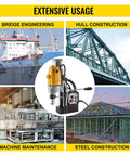 Powerful 40Mm Magnetic Drill Press With 1100W Motor shown in extensive usage for bridge engineering, hull construction, and steel projects.