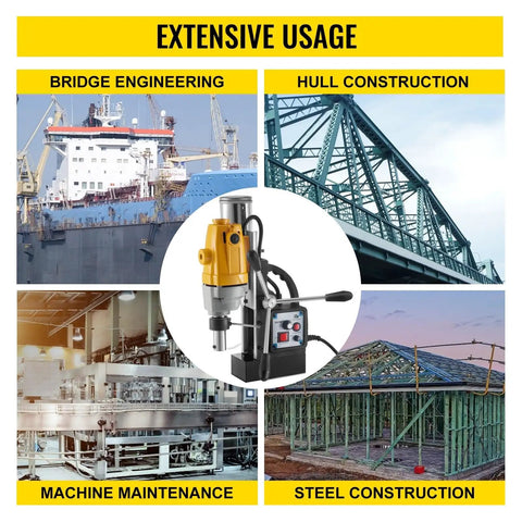 Powerful 40Mm Magnetic Drill Press With 1100W Motor shown in extensive usage for bridge engineering, hull construction, and steel projects.
