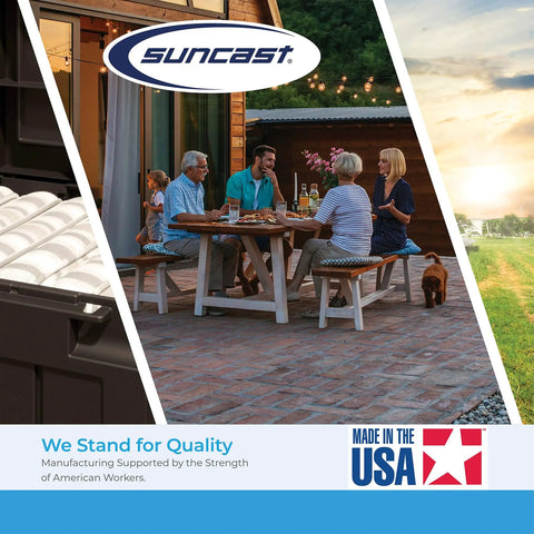 People dining outdoors with Suncast logo, emphasizing quality and USA-made products. "We Stand for Quality" text visible.