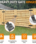 Heavy Duty Gate Hinges And Latch Set 4 Pack 270 Degree Full Swing Black T Hinges rust resistant on wooden fence in rain.