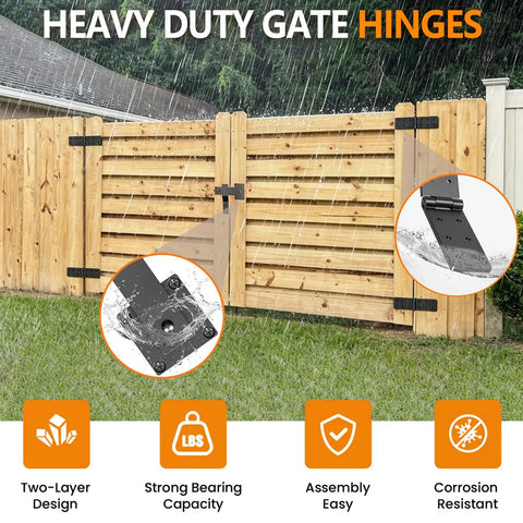 Heavy Duty Gate Hinges And Latch Set 4 Pack 270 Degree Full Swing Black T Hinges rust resistant on wooden fence in rain.