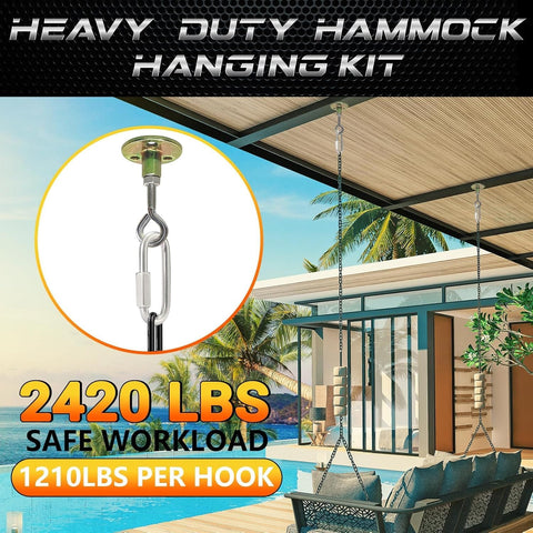 Heavy Duty 304 Stainless Steel Chain Quick Links Set Of 6 3.2 Inch With Screw Carabiner Connectors And Hooks for Rigging Binding and Anchoring up to 1200 LB Capacity, shown in a hammock hanging kit application.