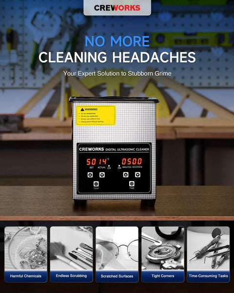 Professional 2 Liter Ultrasonic Jewelry Cleaner With 40 KHZ Frequency 100 Watt Heater Digital Timer on a workspace counter.