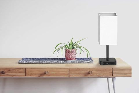 Touch Control Bedside Table Lamp With USB-C USB-A Ports And Two AC Outlets, LED Desk Light With Black Fabric Shade on table